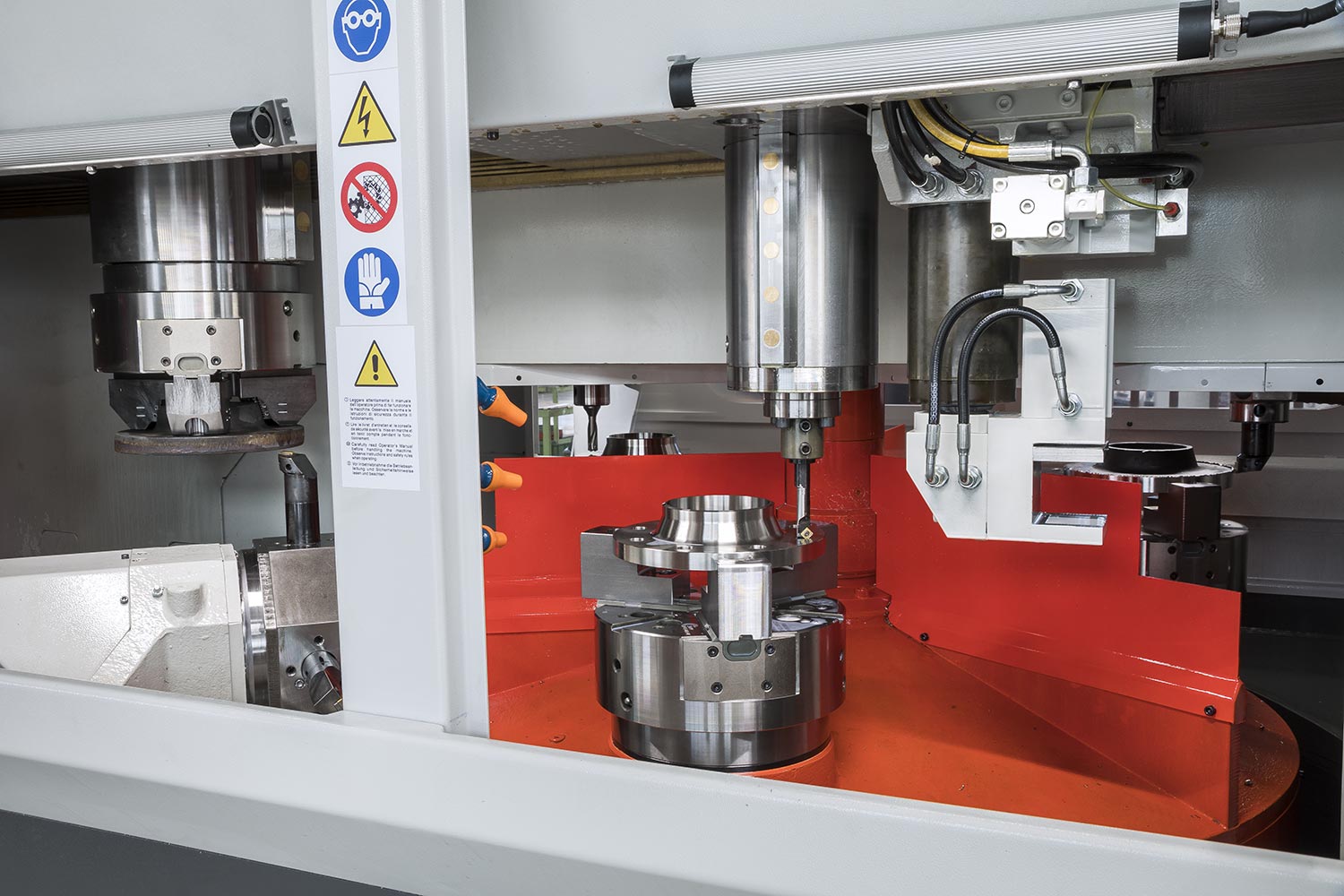 A CNC machining center machining a metal piece